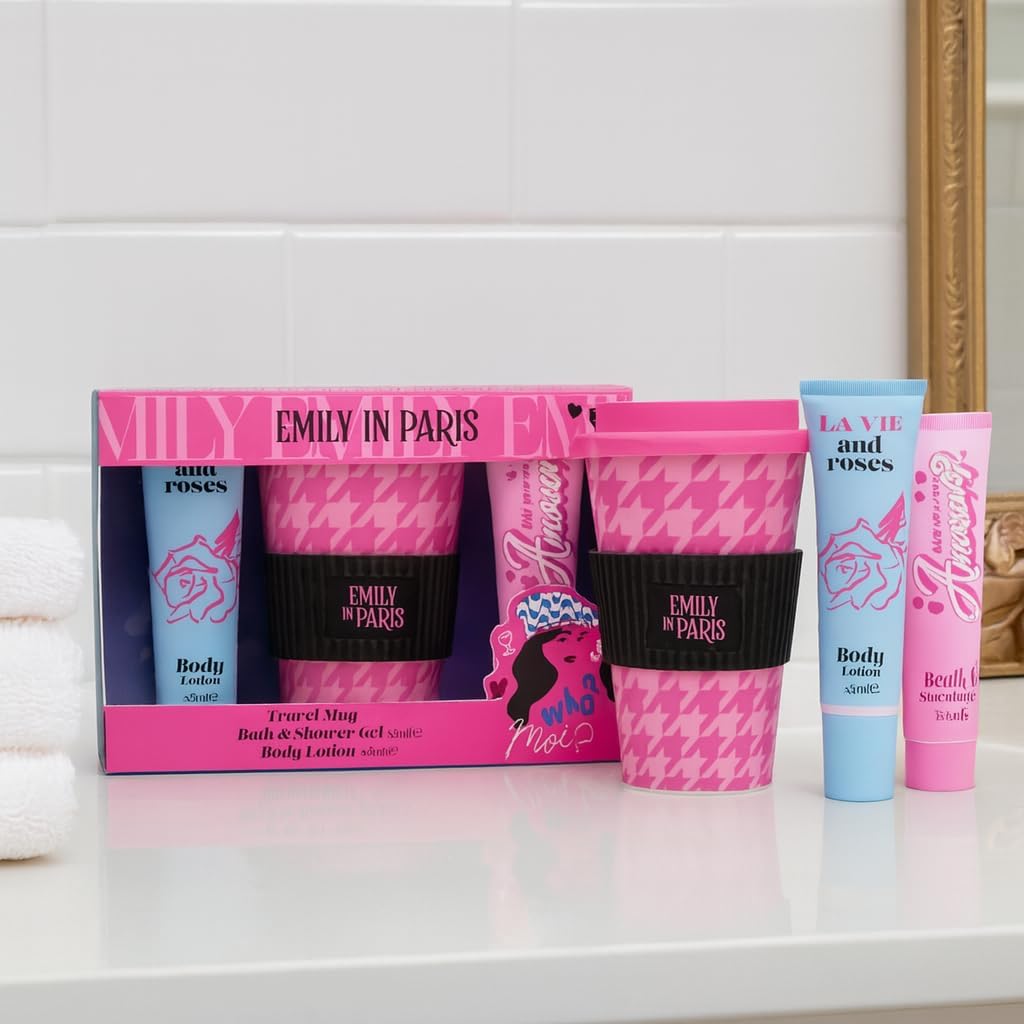 EMILY IN PARIS TRAVEL MUG, 65ML BATH & SHOWER GEL, 65ML BODY LOTION