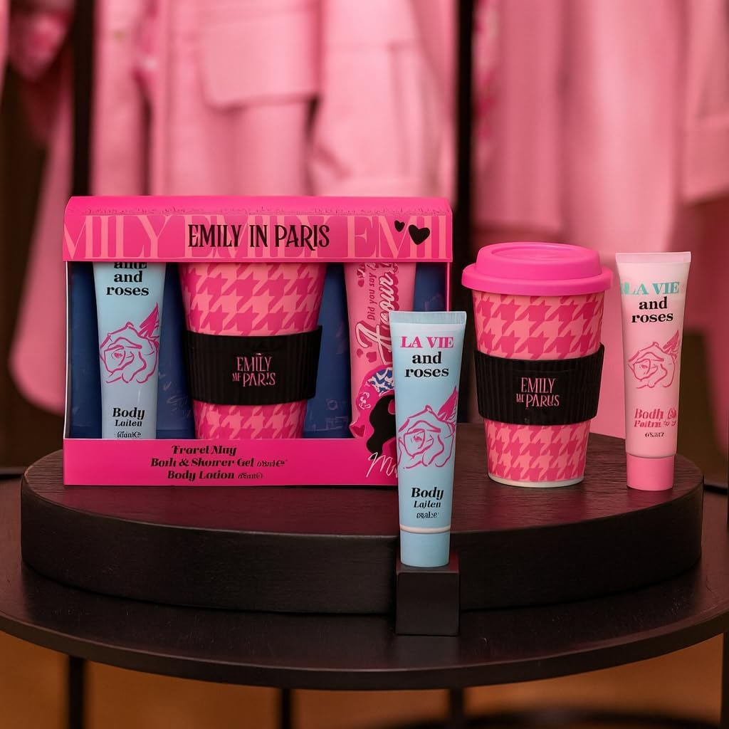 EMILY IN PARIS TRAVEL MUG, 65ML BATH & SHOWER GEL, 65ML BODY LOTION