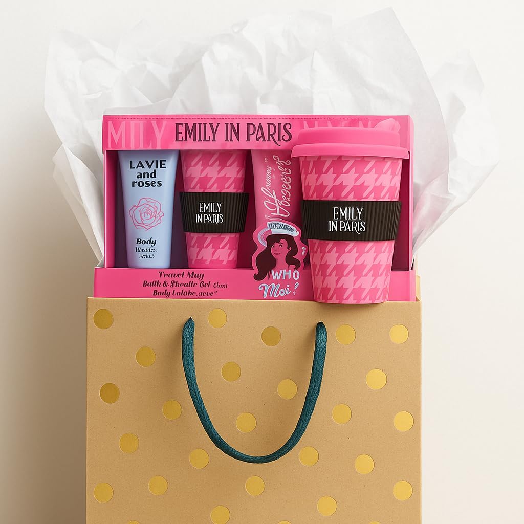 EMILY IN PARIS TRAVEL MUG, 65ML BATH & SHOWER GEL, 65ML BODY LOTION