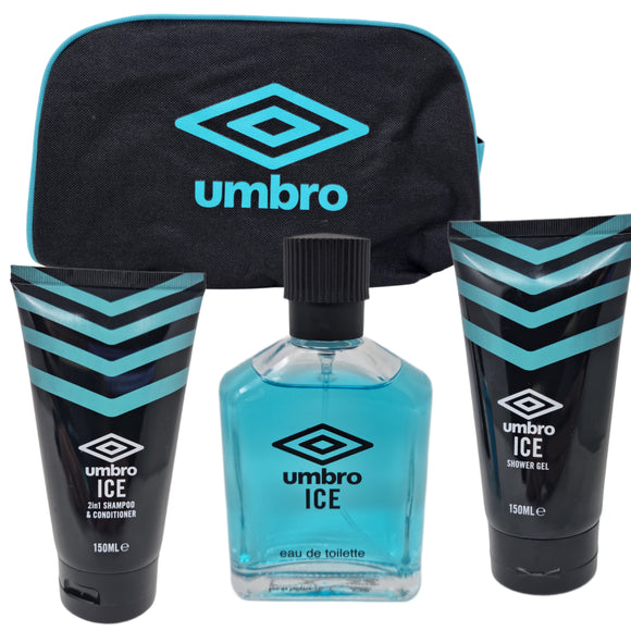 Umbro Ice Toiletry Bag Gift Set, Edt 75ml, Shampoo & Conditioner 150ml & Shower Gel 150ml