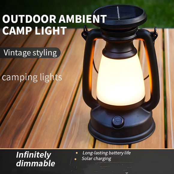 Vintage Camping Lantern Stepless Dimmable Rechargeable Solar Powered