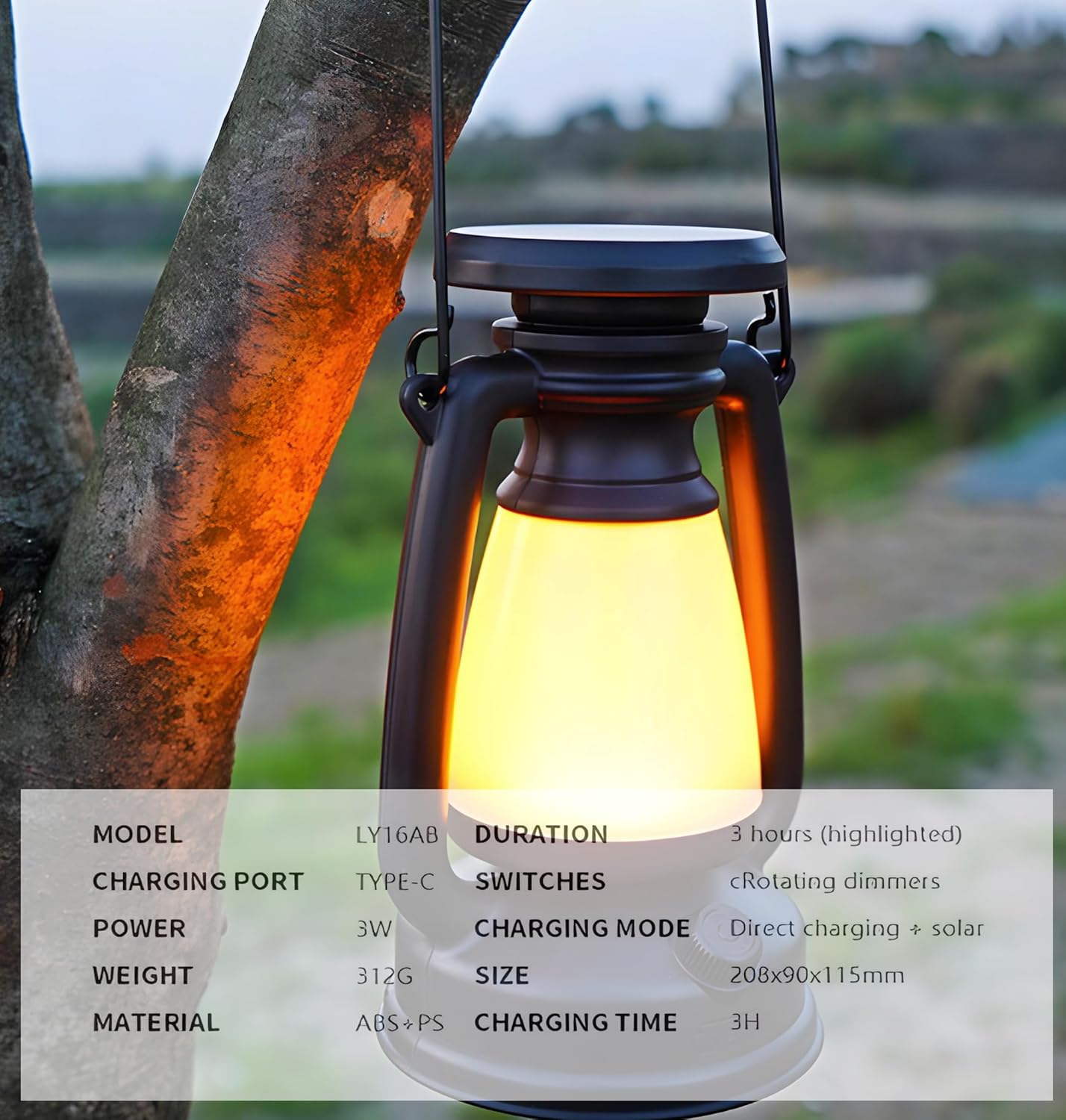 Vintage Camping Lantern Stepless Dimmable Rechargeable Solar Powered