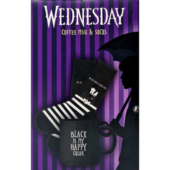 Wednesday Addams Mug & Sock Set Black Gothic Dark Humor Coffee Cup Striped Socks
