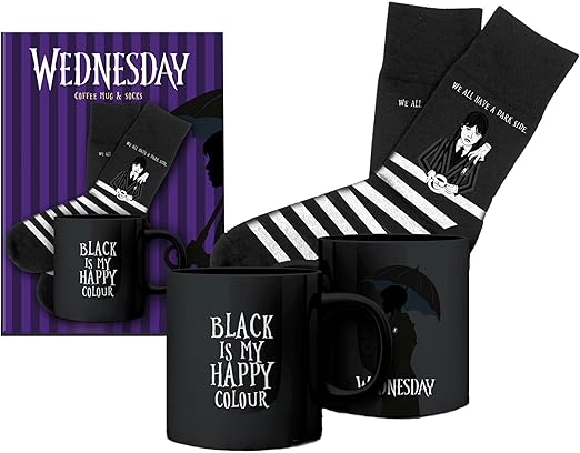 Wednesday Addams Mug & Sock Set Black Gothic Dark Humor Coffee Cup Striped Socks