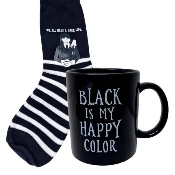Wednesday Addams Mug & Sock Set Black Gothic Dark Humor Coffee Cup Striped Socks