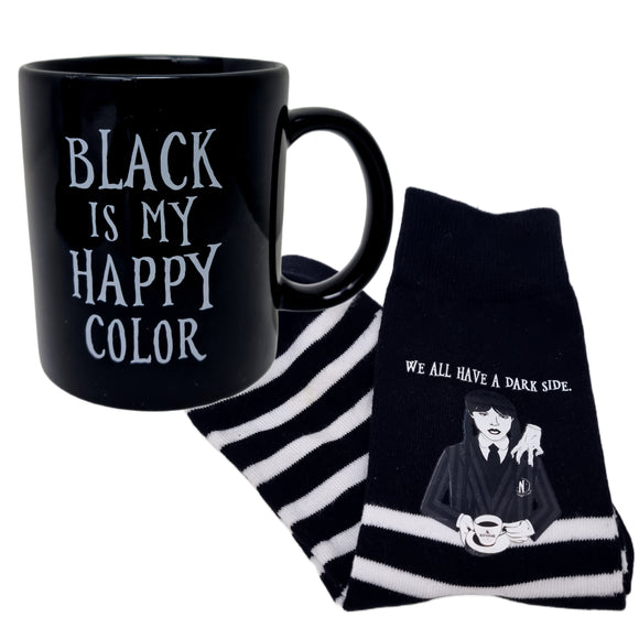 Wednesday Addams Mug & Sock Set Black Gothic Dark Humor Coffee Cup Striped Socks