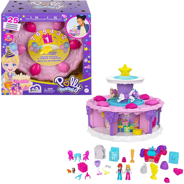 Polly Pocket GYW06 Birthday Cake Countdown for Birthday Week, Birthday Cake Shape & Package, 7 Play Areas, 25 Surprises, Multicolor