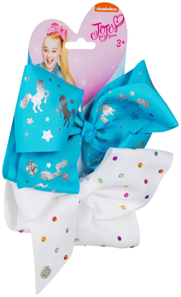 JoJo Siwa Double Bow Set - JJS-064 - White and Turquoise Unicorn Stars