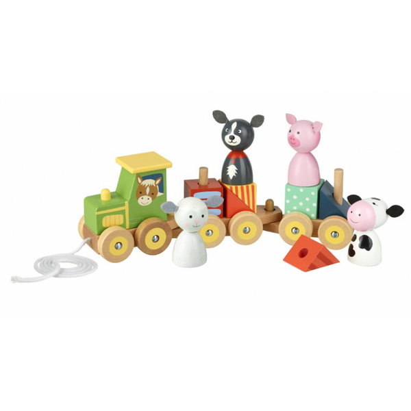 Wooden Tractor Puzzle Train Toy – Farm Animal Push and Pull Along Toys  1 - 3 Year Old