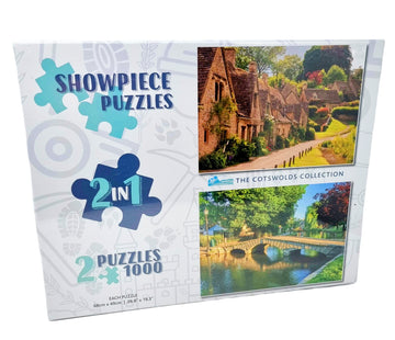 Cotswolds Arlington Row at Bibury and Footbridge over the river Windrush in Burton 2 x 1000 Piece Jigsaw Puzzle Collection-