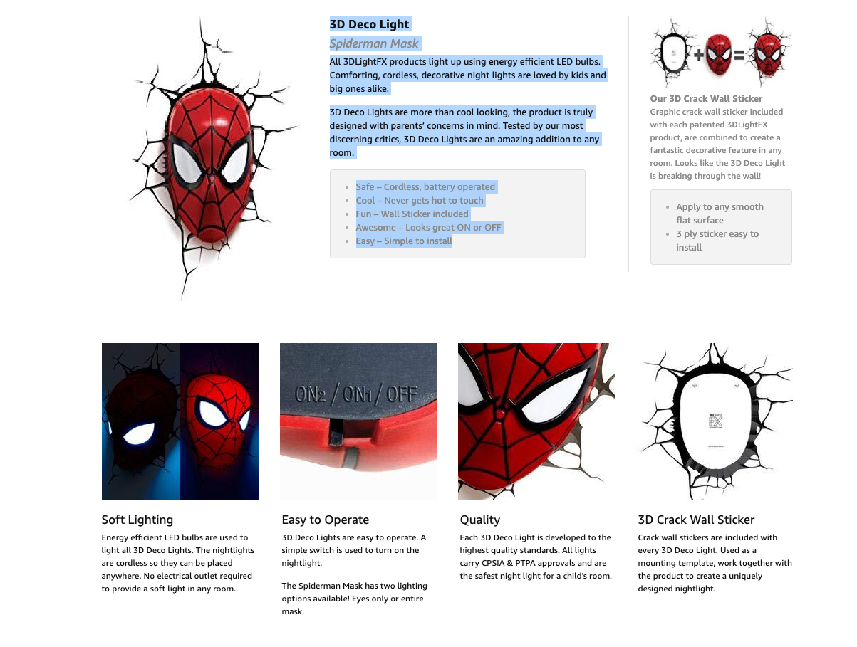 Kids Cordless 3D Led Night Light FX Spiderman Marvel Lamp Wall Xmas Gift