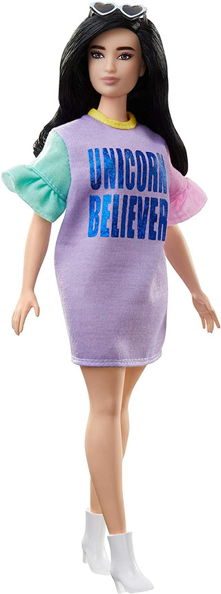 Box Damage Barbie Fashionistas Doll with Long Brunette Hair Wearing Unicorn Believer Dress and Accessories