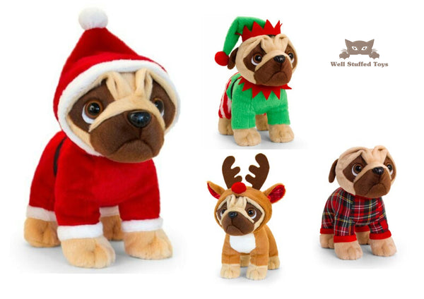 Keel Toys Pugsley Soft Plush 25cm Standing ELF SANTA RUDOLPH CHRISTMAS PUDDING